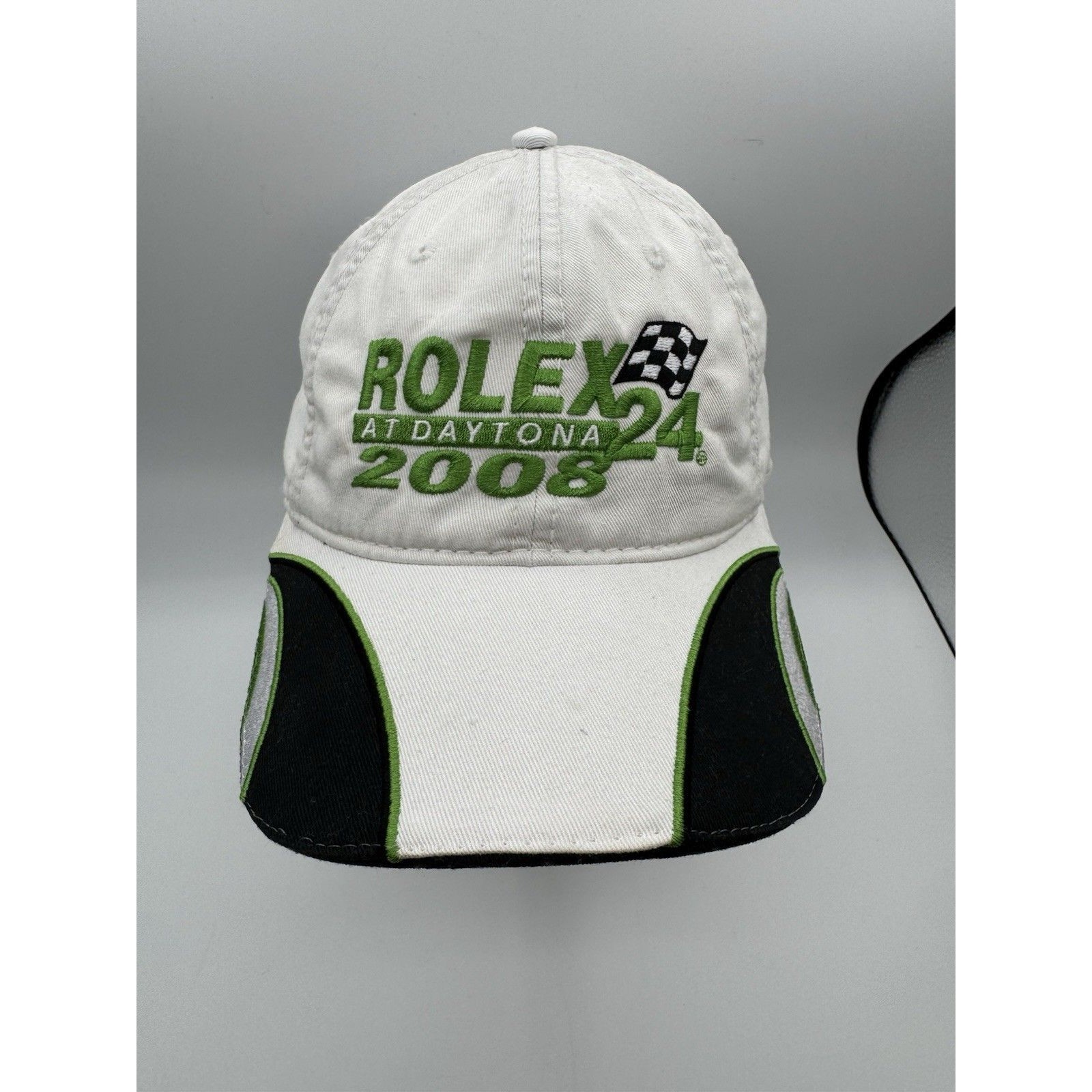 Rolex 24 At Daytona 2008 Embroidered Racing Cap White Green Checkered Flag Rolex 24 At Daytona 2008 Embroidered Racing Cap White Green Checkered Flag